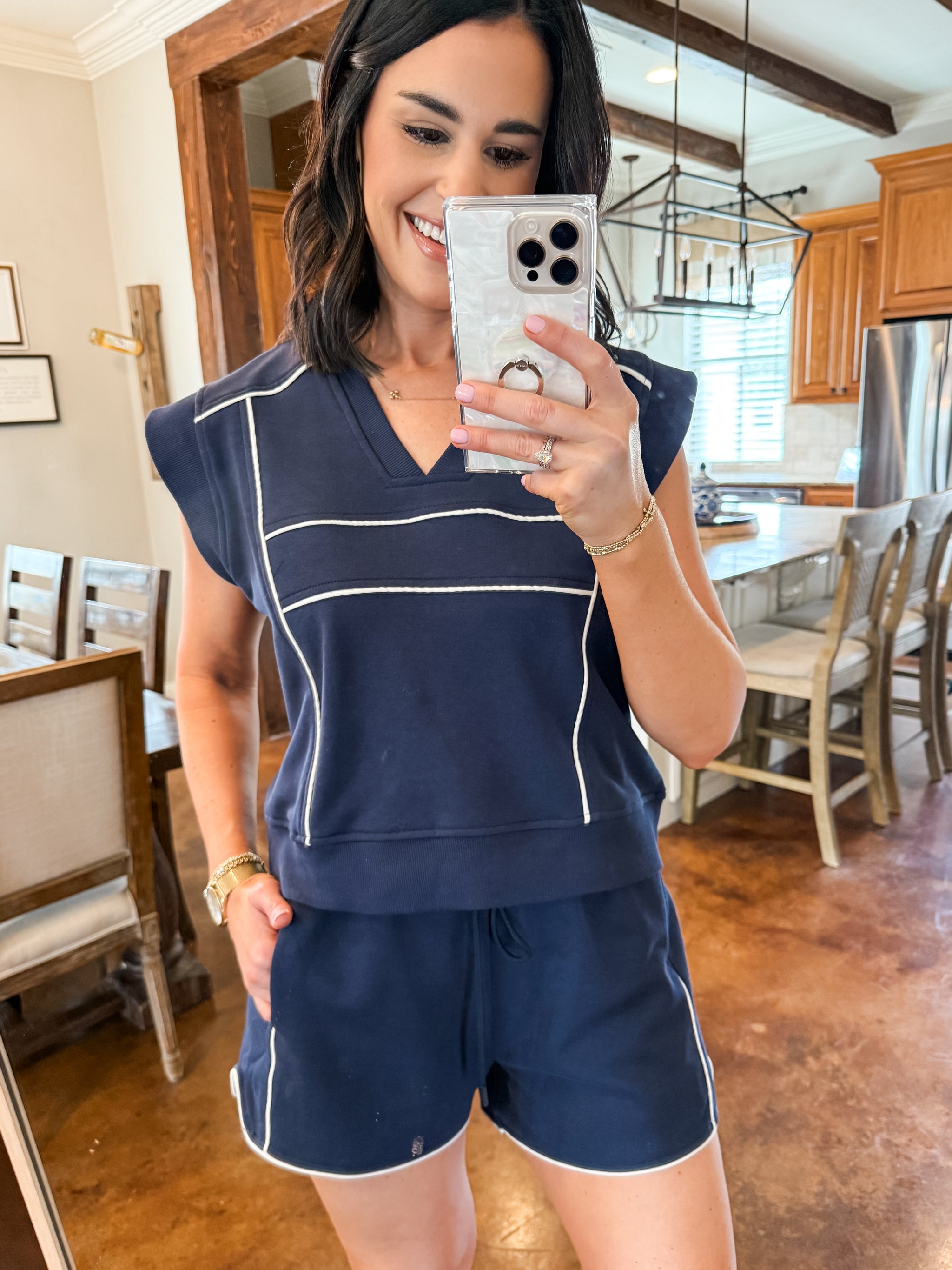 NAVY TOP WITH WHITE TRIM – Evelyn Lane Boutique