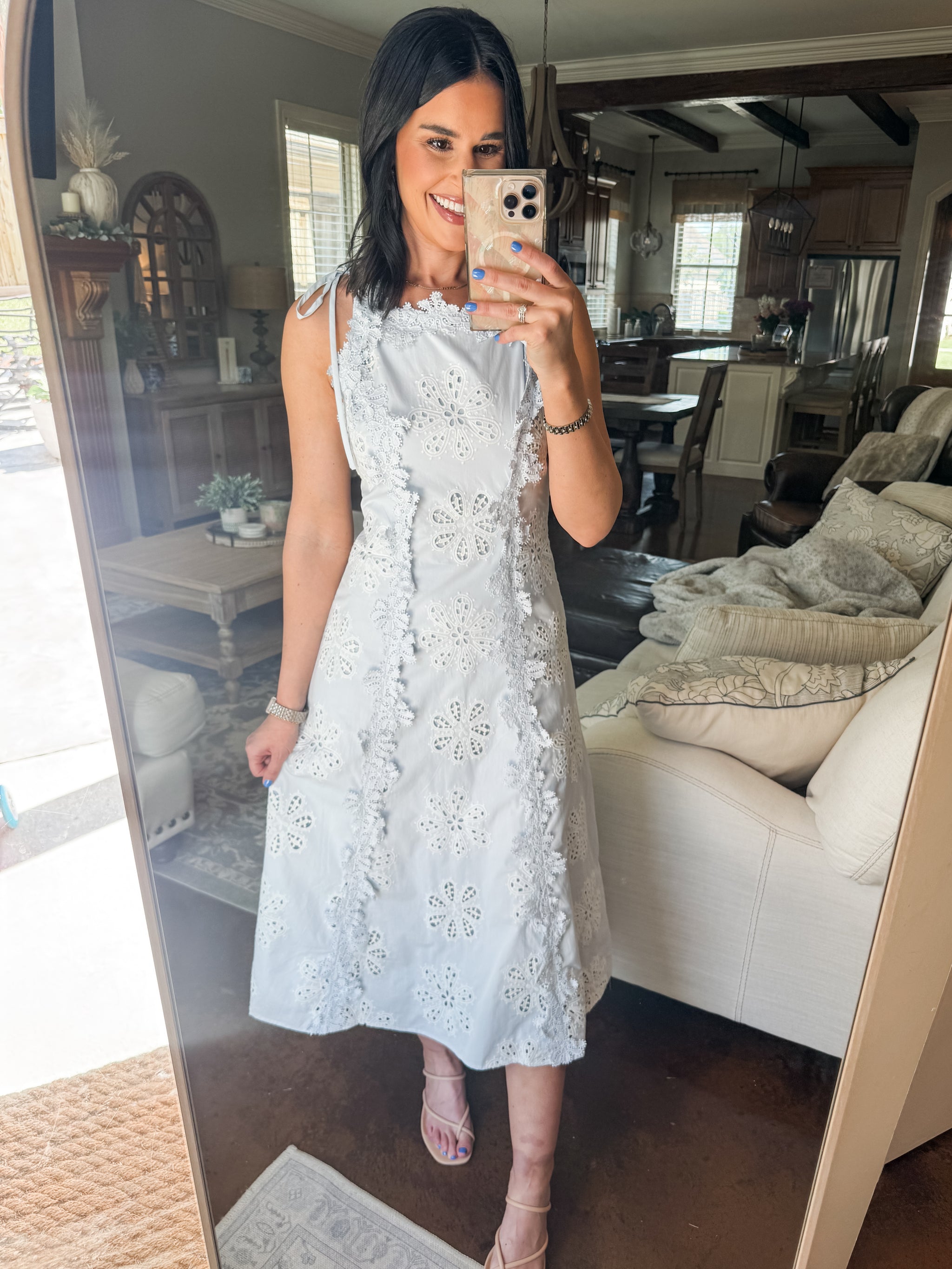 nadine merabi lace dress Nadine Merabi // Lace & Feather Hem Dress – VSP Consignment main image 1