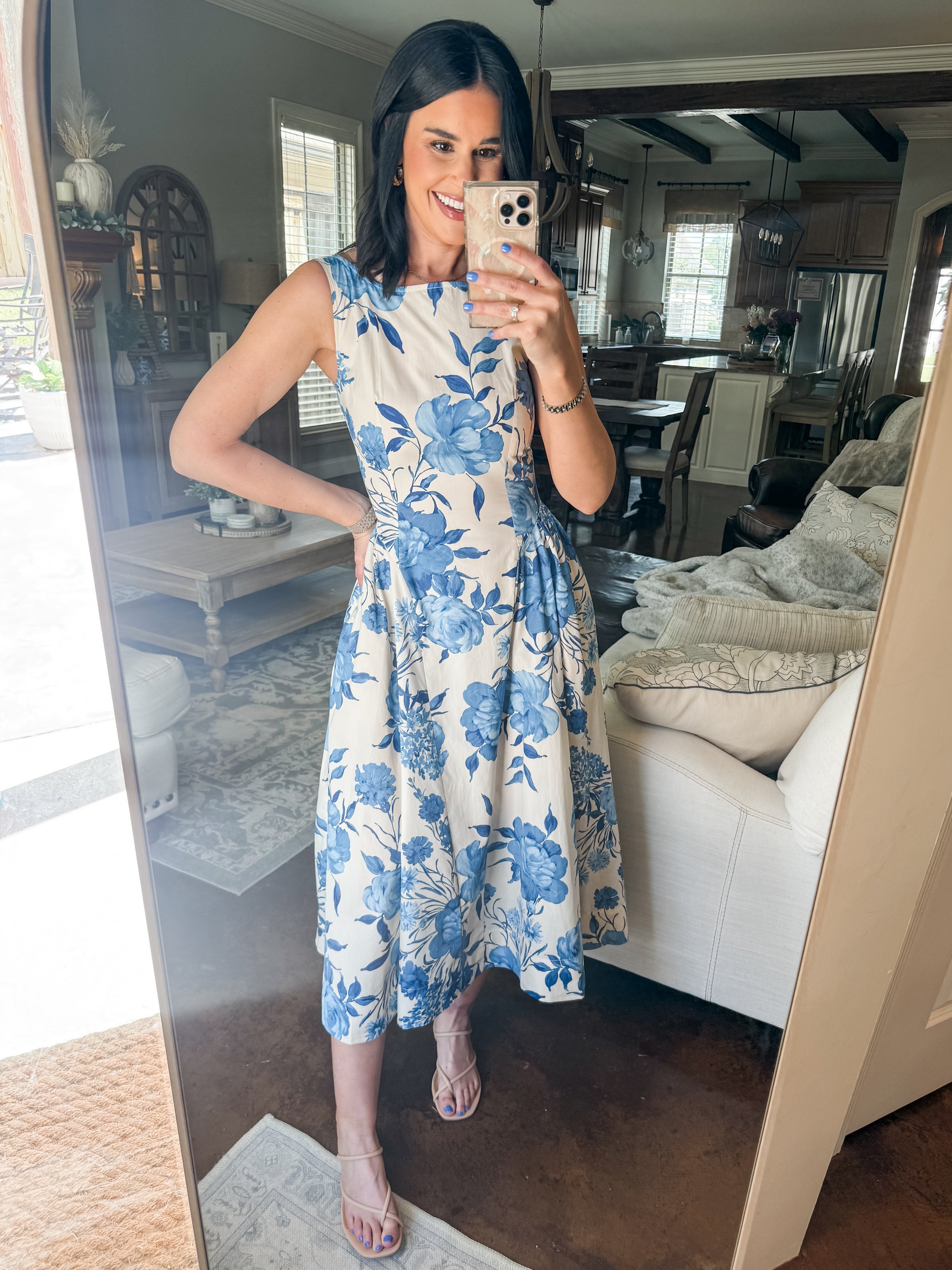 BLUE AND CREAM FLORAL MIDI DRESS